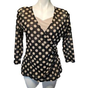Notations top Women's medium Black tan polka dot Sheer Waist detail